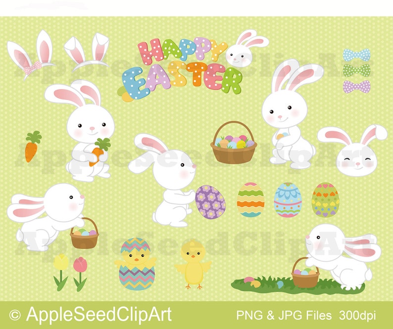 Happy Easter Digital Clip Art, Easter Digital Clip Art, Easter Bunny Digital Clip Art, Easter Rabbit Easter Egg DIgital Clip Art 画像 1