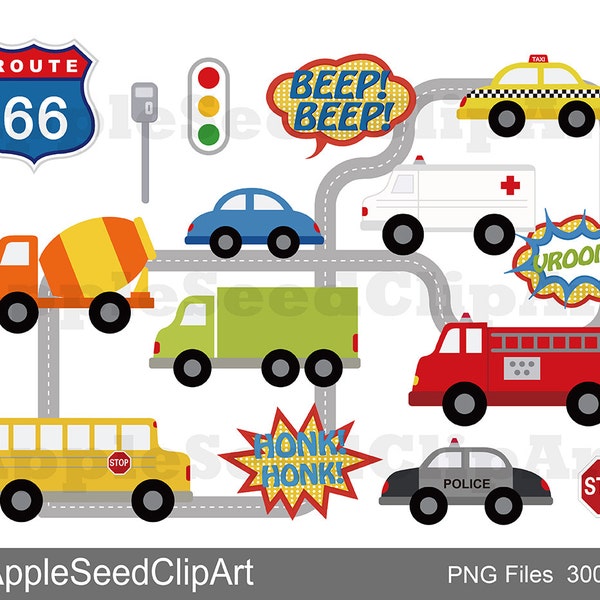 Transportation Digital Clip Art, Cute Vehicles Digital Clip Art, Instant Download, Scrapbooking, Bus, Car, High Way Digital Clip Art