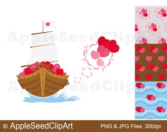 Valentine's Day Digital Clip Art, Hearts Digital Clip Art, Lovely Boat Digital Clip Art, Instant Download
