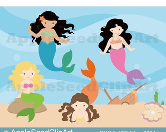 Mermaids Digital Clip Art, Instant Download, Cute Girl Mermaid Clip Art, Scrapbooing,