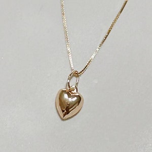 Gold Puffy heart, tiny heart charm necklace, 14k solid gold chain, heart necklace, gold heart charm, 14k gold charm necklace, gift for her