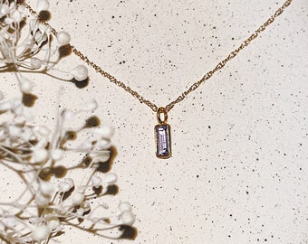 AMOUR necklace, tanzanite necklace, tiny 18k Tanzanite Baguette charm, 14k solid gold heirloom, lavender gemstone baguette necklace gift