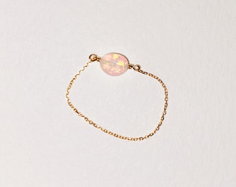 FLOATING OPAL ring, 14k solid yellow gold stacking chain ring, minimalist gold ring, opal ring, gold chain, october birthstone ring gift