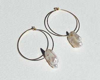 Pearl hoop earrings, Keshi cornflake pearl hoops, genuine pearl earrings, pearl dangle earrings