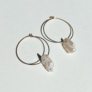 Pearl hoop earrings, Keshi cornflake pearl hoops, genuine pearl earrings, pearl dangle earrings image 1