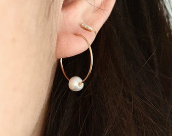 THE JUNE, pearl hoop earrings, fresh water baby pearl, 14k gold filled hoops, minimalist huggers, small pearl hoop earrings,white pearl hoop