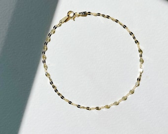 Tiny sparkle gold bracelet, gold chain bracelet, 14k solid gold dapped oval chain, gold shimmer novelty chain bracelet