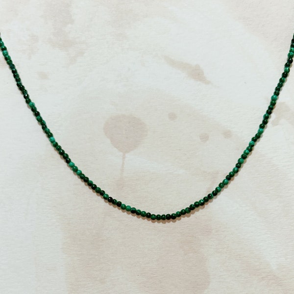 Malachite necklace, dark green stone necklace, smooth bead necklace, green gemstone necklace, round bead necklace, petite bead necklace