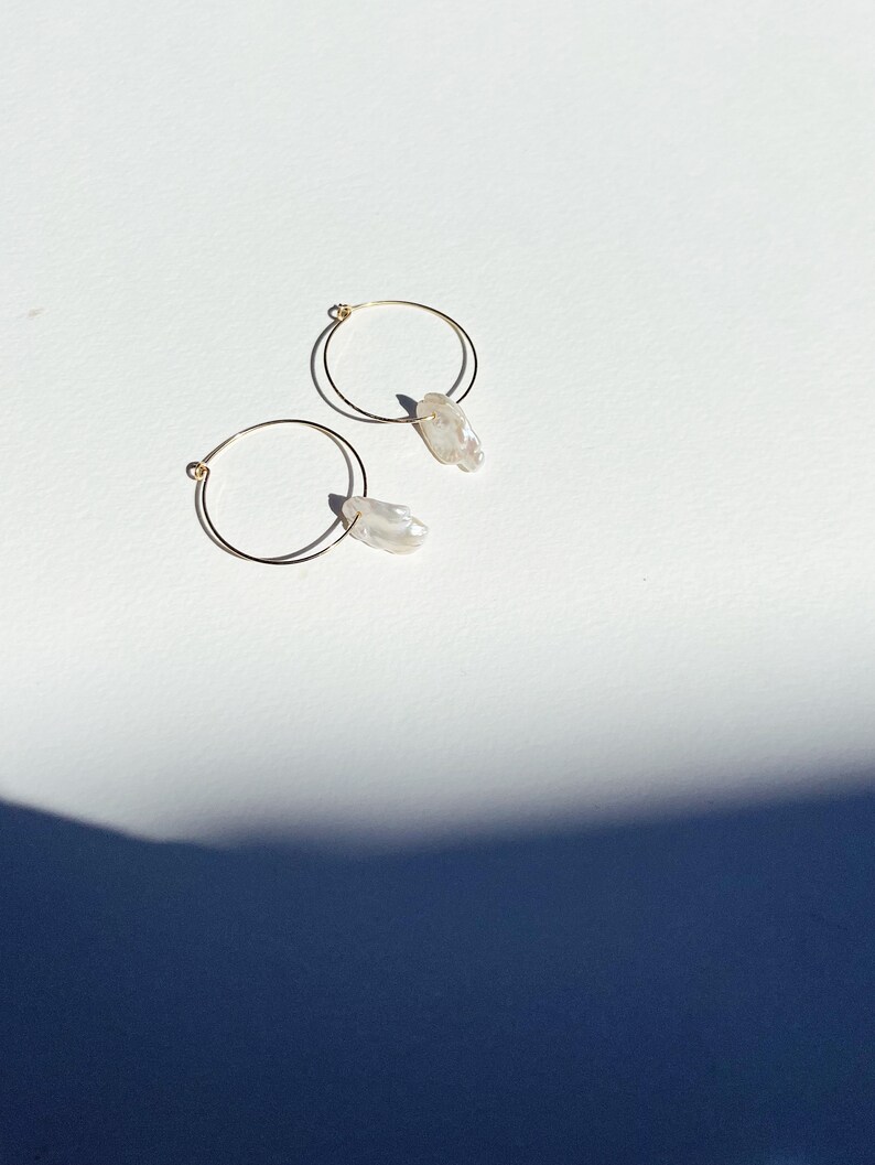 Pearl hoop earrings, Keshi cornflake pearl hoops, genuine pearl earrings, pearl dangle earrings image 3