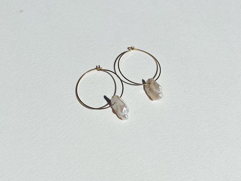 Pearl hoop earrings, Keshi cornflake pearl hoops, genuine pearl earrings, pearl dangle earrings image 5