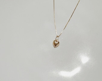 GOLD PUFFY HEART, 14k solid gold box chain, heart necklace, gold heart pendant, 14k gold charm necklace, gift for her