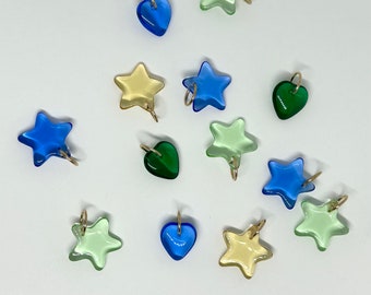 STAR glass charm, vintage glass, handmade colored glass bead, heart glass bead charm