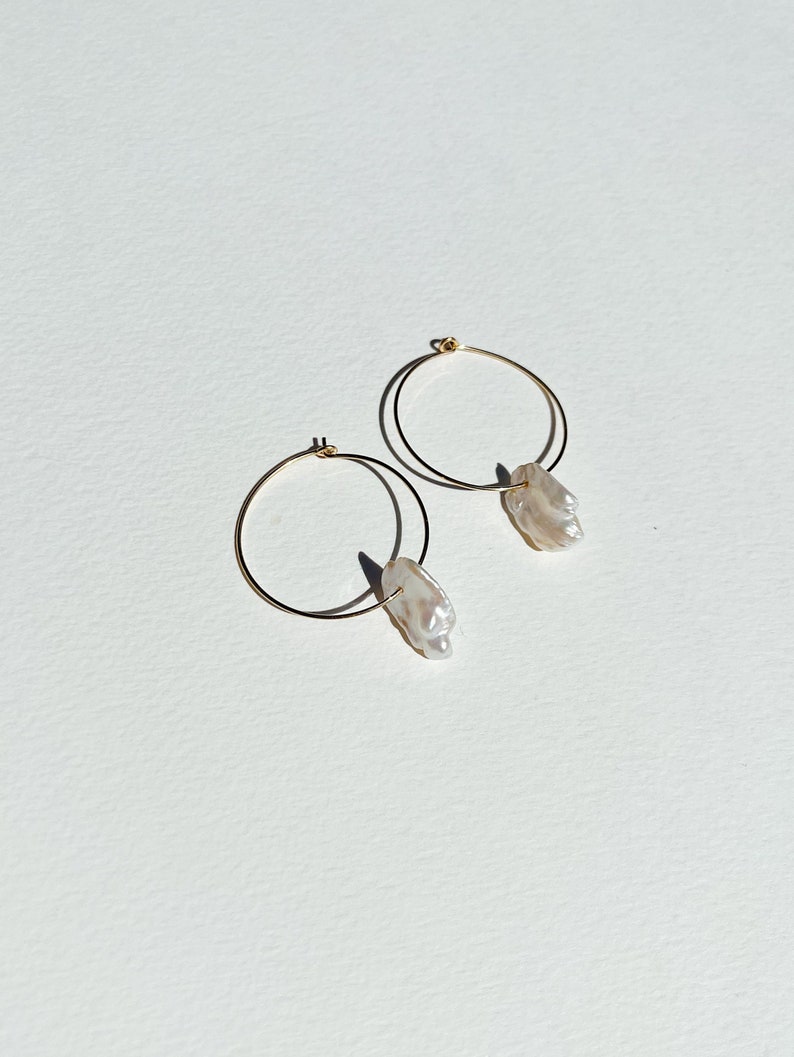 Pearl hoop earrings, Keshi cornflake pearl hoops, genuine pearl earrings, pearl dangle earrings image 1