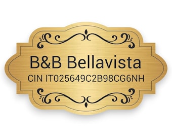 Targa personalizzata per B&B con codice CIN – Targhetta ingresso elegante in oro o argento – Adesiva o con fori (14,5X 8,5 cm)