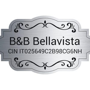 Può includere: Segno in metallo argentato con un bordo decorativo e il testo "B&B Bellavista" e "CIN IT025649C2B98CG6NH".