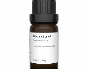 May include: A small, dark amber glass bottle with a black cap. The label reads "Violet Leaf (Viola odorata)" and "Hexane Free Extract Essential Oil". The bottle contains 0.3oz (10ml) of essential oil.