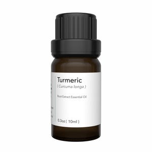 May include: A small amber glass bottle of turmeric essential oil with a black cap. The white label displays the name "Turmeric" and "Root Extract Essential Oil". The bottle contains 0.3 oz (10ml) of oil.