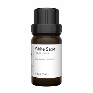 May include: A small, brown glass bottle with a black cap. The label reads "White Sage (Salvia apiana) Steam Distilled Essential Oil". The bottle contains 0.3 oz (10ml) of essential oil.