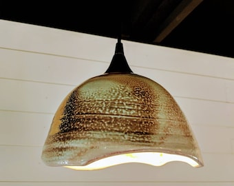 Handmade Rustic Modern Industrial Lighting Pendant- Unique Variated Wood fired Ceramic Shade Copper Patina