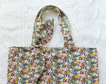 Tote bag petit format en tissu coton fleuri bleu