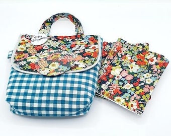 Liberty fabric and honeycomb cotton wipes in its pretty matching bag