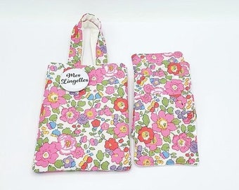 Lingettes en tissu liberty et coton nid d'abeille avec son mini tote bag