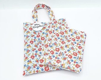 Lingettes en tissu liberty et coton nid d'abeille avec son mini tote bag