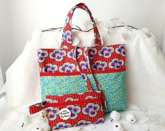 Sac cabas tissu coton fleuri avec poches et trousse assortie