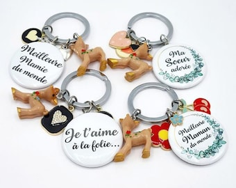 Text keychain and magnet on the back with pretty charms