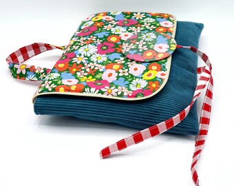 Pochette Livre en tissu coton fleuri et velours bleu