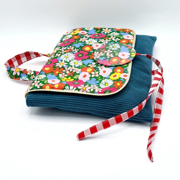 Pochette Livre en tissu coton fleuri et velours bleu