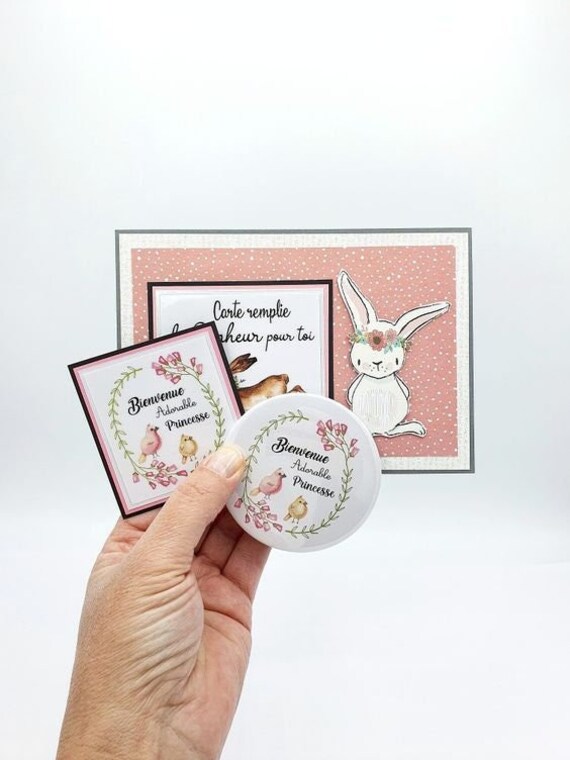 Magnet 7.5 cm et Carte Papier Naissance Petite Fille