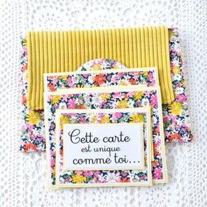 Pochette liberty rose et velours jaune avec 3 cartes assorties