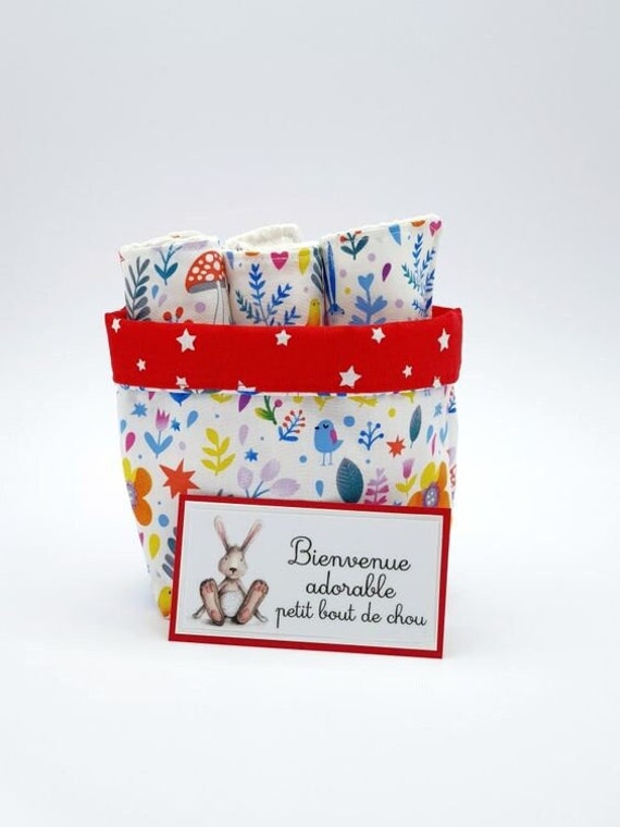 Corbeille en Tissu Bébé avec Ses 3 Lingettes Assorties Coton Fleuri et Éponge Nid d'abeille