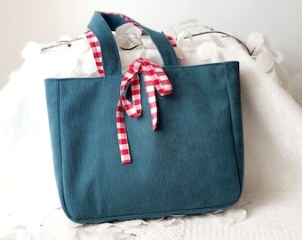 Sac cabas tissu velours bleu et vichy rouge