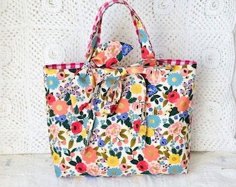 Sac cabas tissu coton fleuri avec noeud en tissu