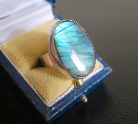 Vintage Solid Silver 835 Large Bezel Set Bright B… - image 1