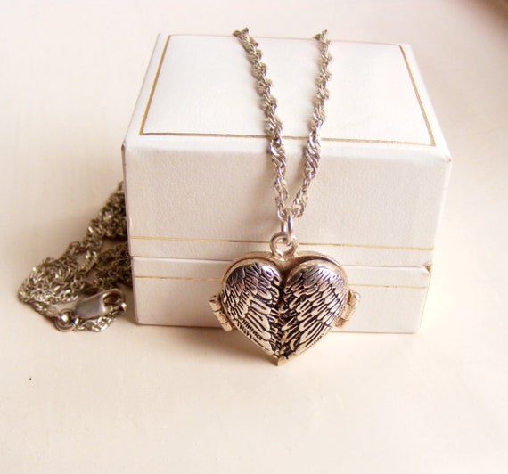 Angel Heart Wings Pendant - Silver Wings - Classic - Rope Necklace or