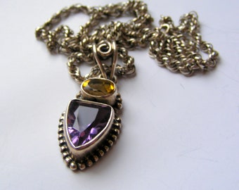 Vintage chaîne corde torsadée fantaisie en argent sterling et collier en argent massif 925 améthyste violette et pierres précieuses citrine jaune 19"