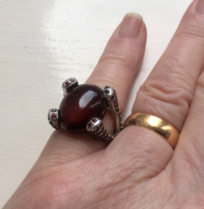 Substantial Vintage 11.8g Solid Sterling Silver 925 Signed Prong Set Large Red Burnt Orange Hessonite Garnet Gemstone Ring Size UK O US 7
