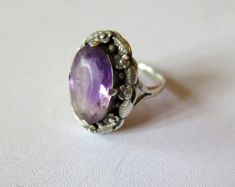 Old Vintage Antique Art Nouveau Style Floral Prong Set Purple Amethyst Paste Ring Size UK J - US 4.5
