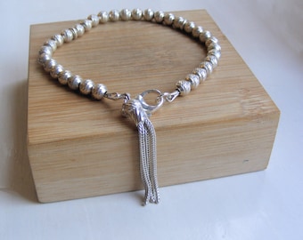 Bracelet Vintage Sterling Silver Faceted Ball Beads With Long Wheat Chain Tassel Pendant & Large Lobster Clasp 9 Inches