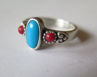 Vintage Signed Solid Sterling Silver Carolyn Pollack Relios Natural Blue Turquoise & Natural Red Coral Gemstone Ring Size UK T.5 - US 9.75