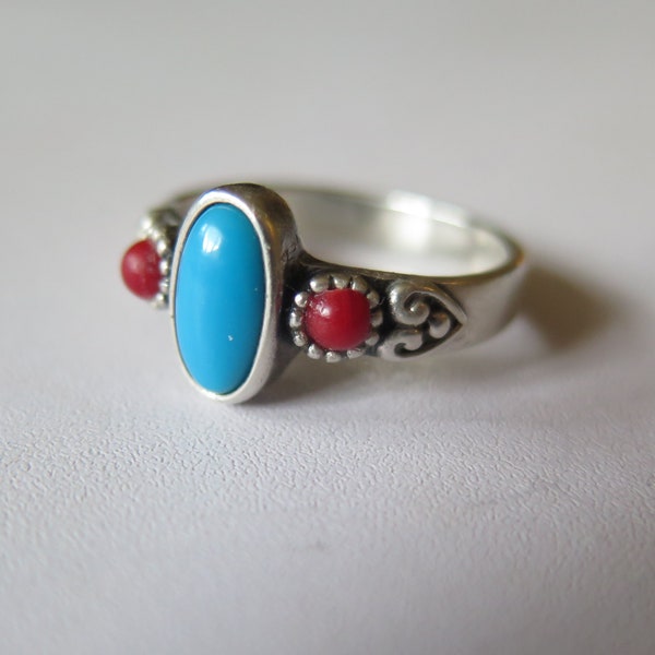 Vintage Signed Solid Sterling Silver Carolyn Pollack Relios Natural Blue Turquoise & Natural Red Coral Gemstone Ring Size UK T.5 - US 9.75