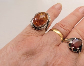 Vintage Solid Sterling Silver 925 Art Nouveau Style Ornate Design Bezel Set Large Oval Natural Amber Gemstone Ring Size UK L.5 - US 6