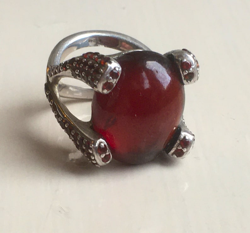 Substantial Vintage 11.8g Solid Sterling Silver 925 Signed Prong Set Large Red Burnt Orange Hessonite Garnet Gemstone Ring Size UK O US 7