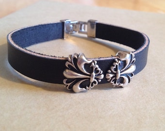Mans Bracelet Unique Vintage Real Black leather 10mm & Sterling Silver Ornate Fleur De Lis  Slider Bangle 9" Inches Adjustable