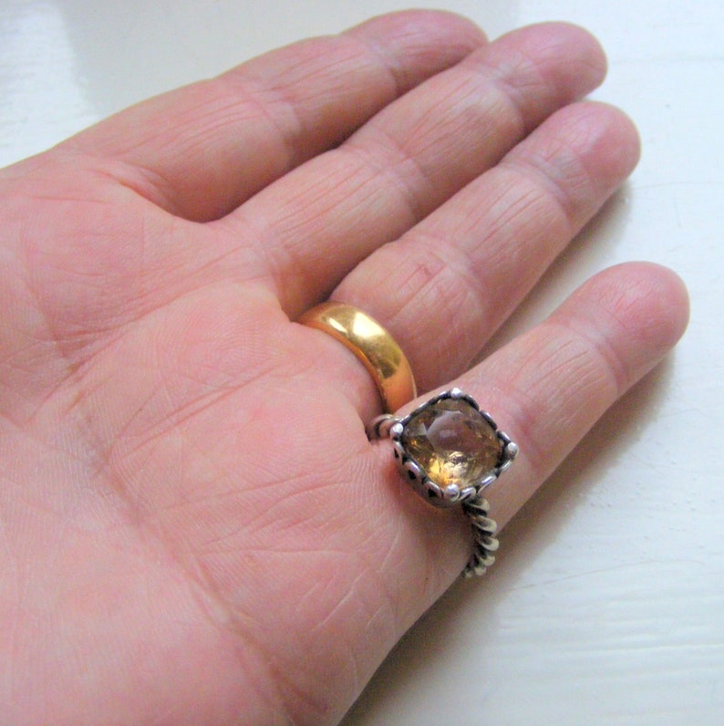 Designer Solid Sterling Silver 925 Prong Set Square Cushion Natural Champagne Topaz Gemstone Ring Size UK P US 7.5