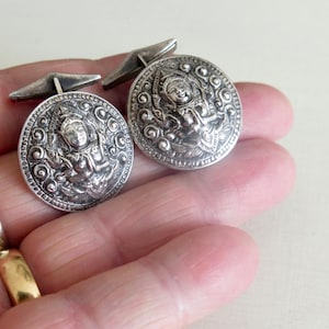 Vintage Heavy 11.6g Solid Sterling Silver 925 Ornate Ethnic Siam Praying Buddha Design Round Dome Men&#39;s Cufflinks