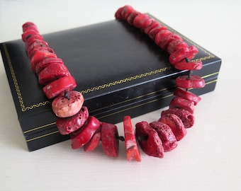 Necklace Old Vintage/Antique Long Hand Knotted Chunky Natural Raw Red Coral with Ammonite Fossil Graduated Beaded Gemstone 22 inches